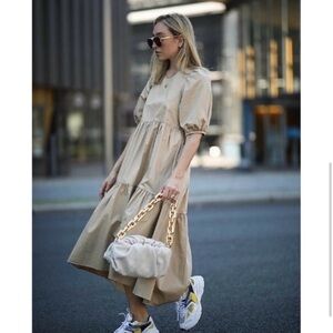 Zara Bloggers Fave Camel Poplin Tiered Puff Sleeve Midi Dress S Pockets